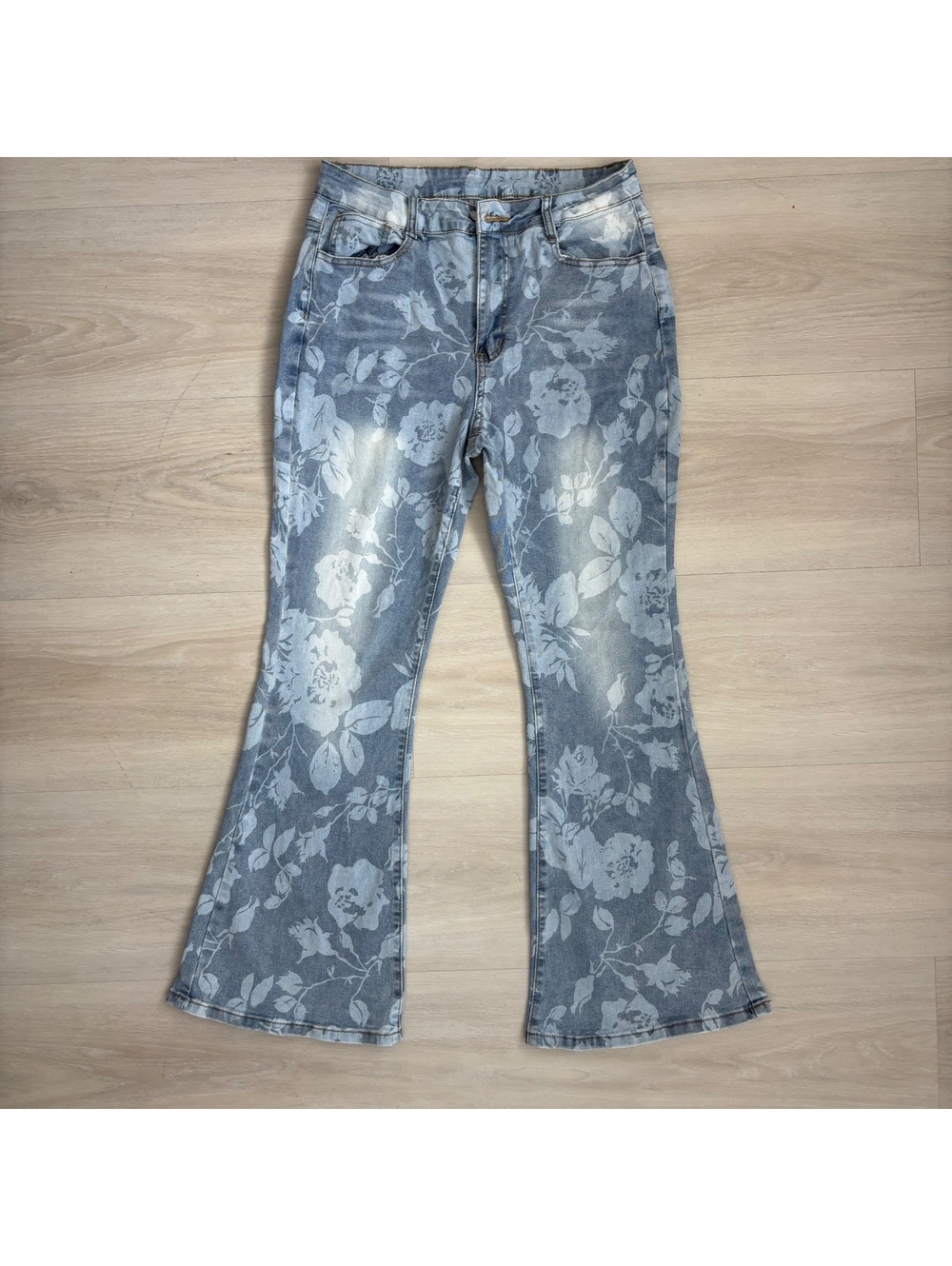Floral Flare Jeans Women's Large Blue Faded Y2K